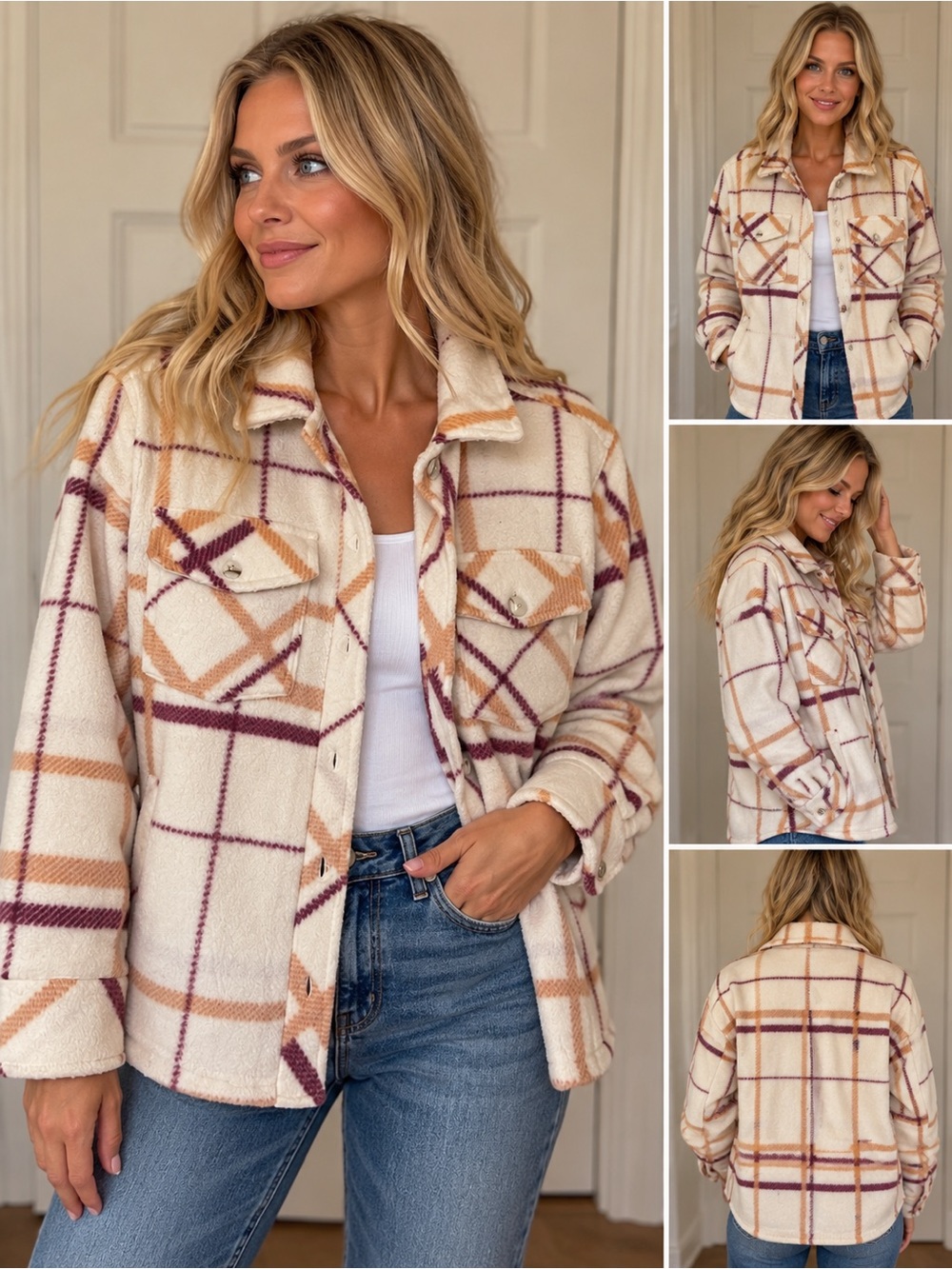 Thread & Supply Cream Plaid Sherpa Jacket with Mauve and Tan